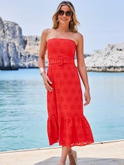 Sosandar Red 100% Cotton Broderie Bandeau Belted Dress - Image 1 of 5