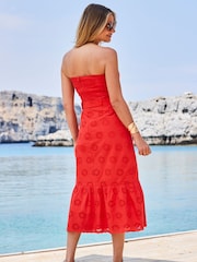 Sosandar Red 100% Cotton Broderie Bandeau Belted Dress - Image 2 of 5