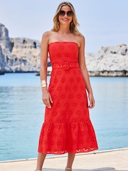 Sosandar Red 100% Cotton Broderie Bandeau Belted Dress - Image 4 of 5