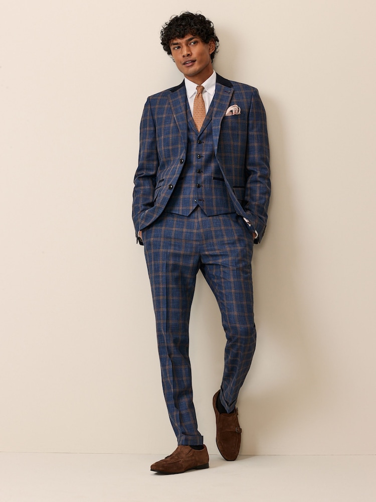 Bright Blue Trimmed Check Suit Waistcoat - Image 2 of 10