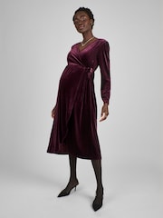 JoJo Maman Bébé Wine Red Velvet V-Neck Maternity & Nursing Wrap Dress - Image 1 of 6
