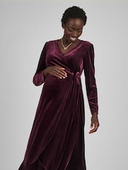 JoJo Maman Bébé Wine Red Velvet V-Neck Maternity & Nursing Wrap Dress - Image 2 of 6