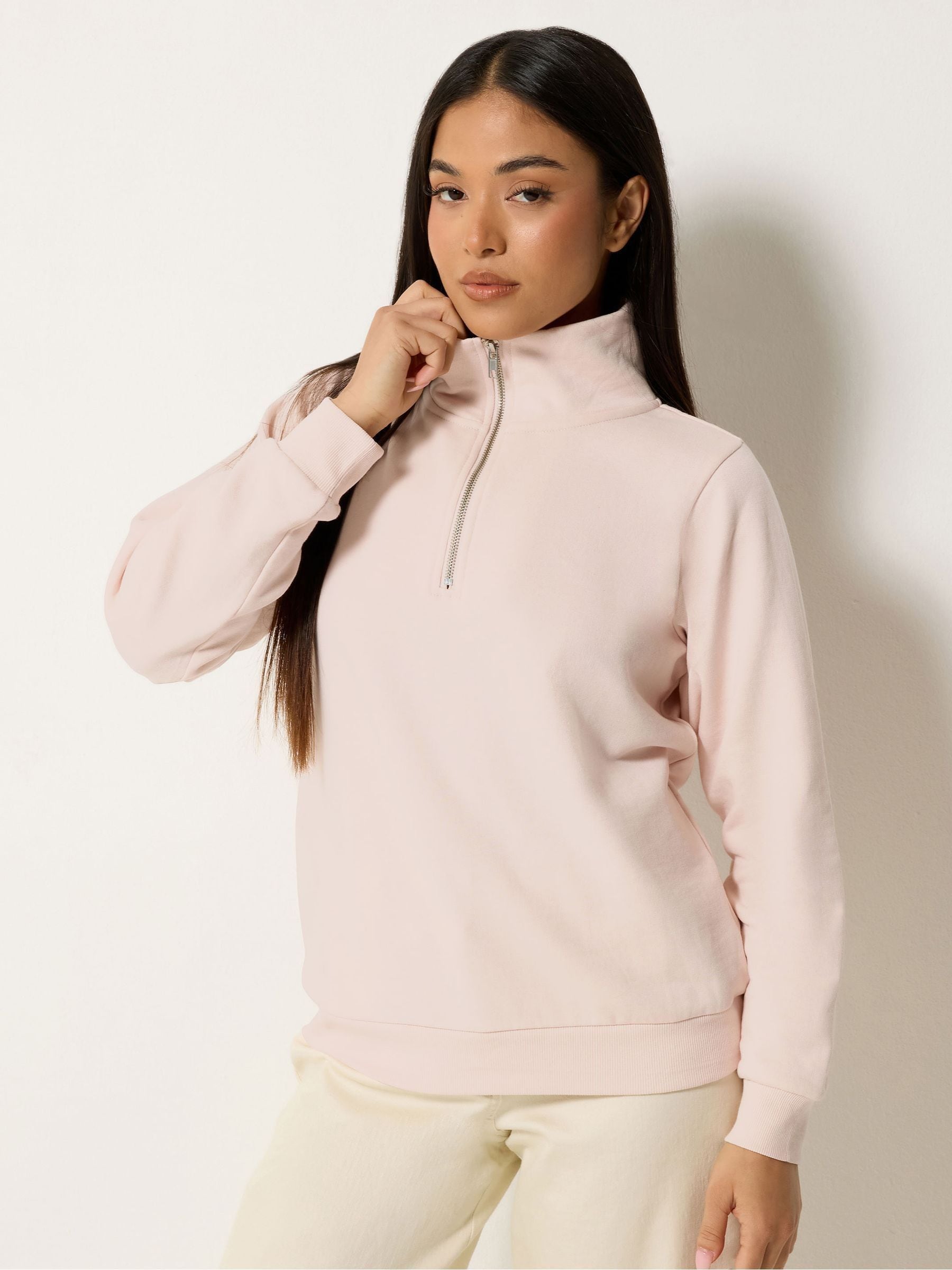 M & Co Women's Pink Petite Half Placket Sweatshirt