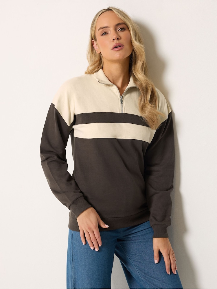 Long Tall Sally Brown Colour Block Half Zip Sweatshirt - Image 1 of 5