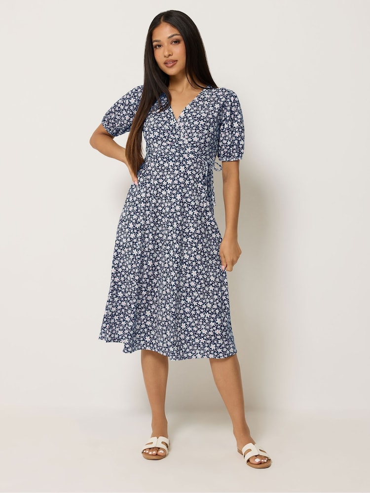 M&Co Blue Petite Midi Wrap Dress - Image 1 of 5 M&Co Blue Petite Midi Wrap Dress - Image 1 of 5