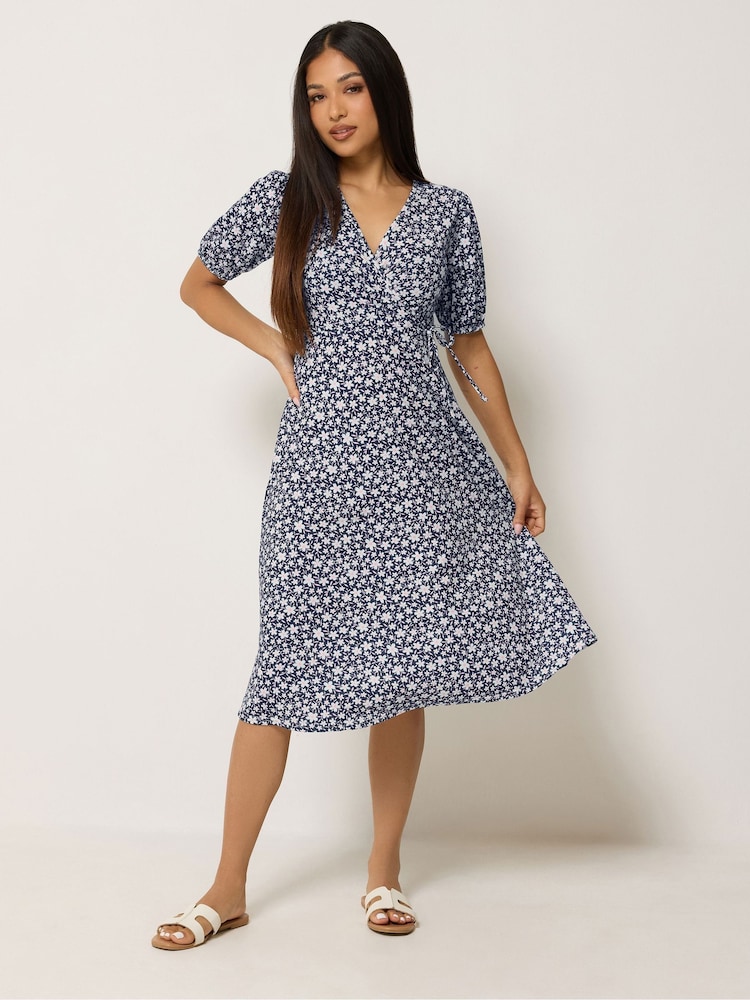 M&Co Blue Petite Midi Wrap Dress - Image 2 of 5 M&Co Blue Petite Midi Wrap Dress - Image 2 of 5