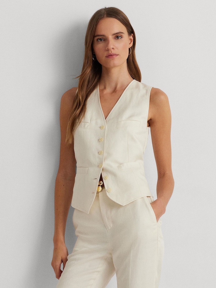 Lauren Ralph Lauren Cream Drewty Linen Blend Twill Waistcoat Vest - Image 1 of 11