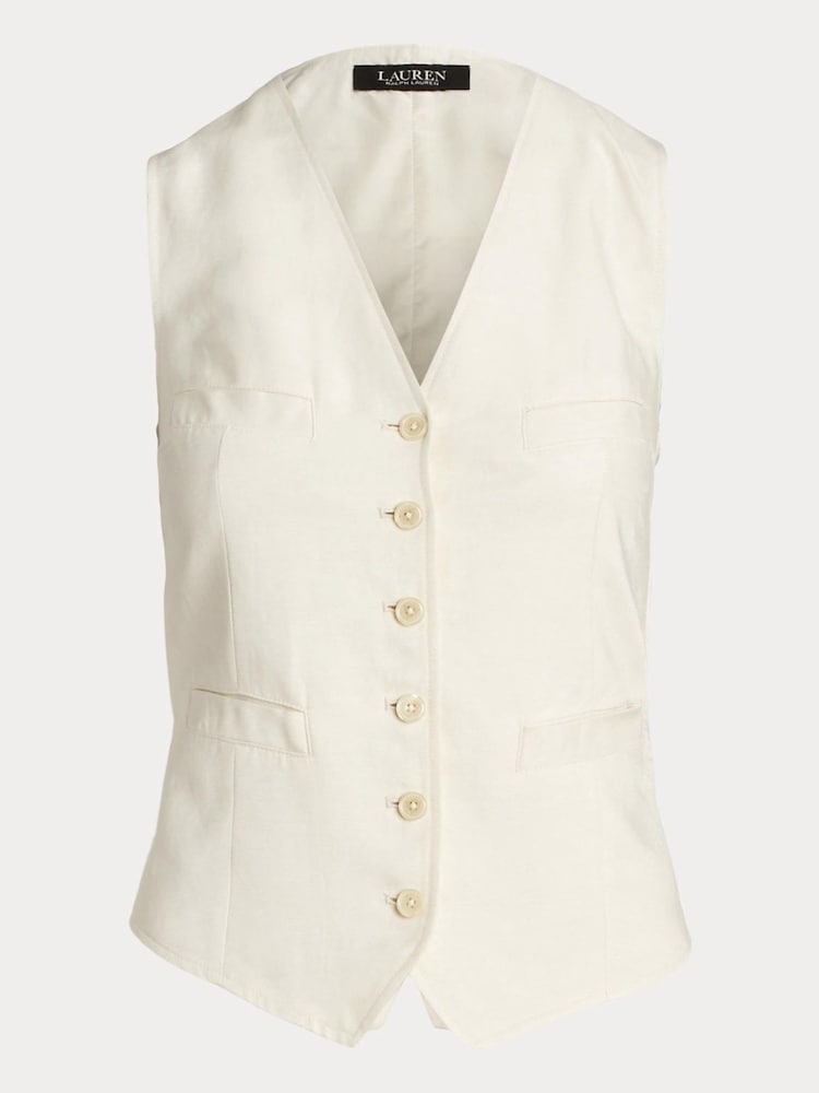 Lauren Ralph Lauren Cream Drewty Linen Blend Twill Waistcoat Vest - Image 11 of 11