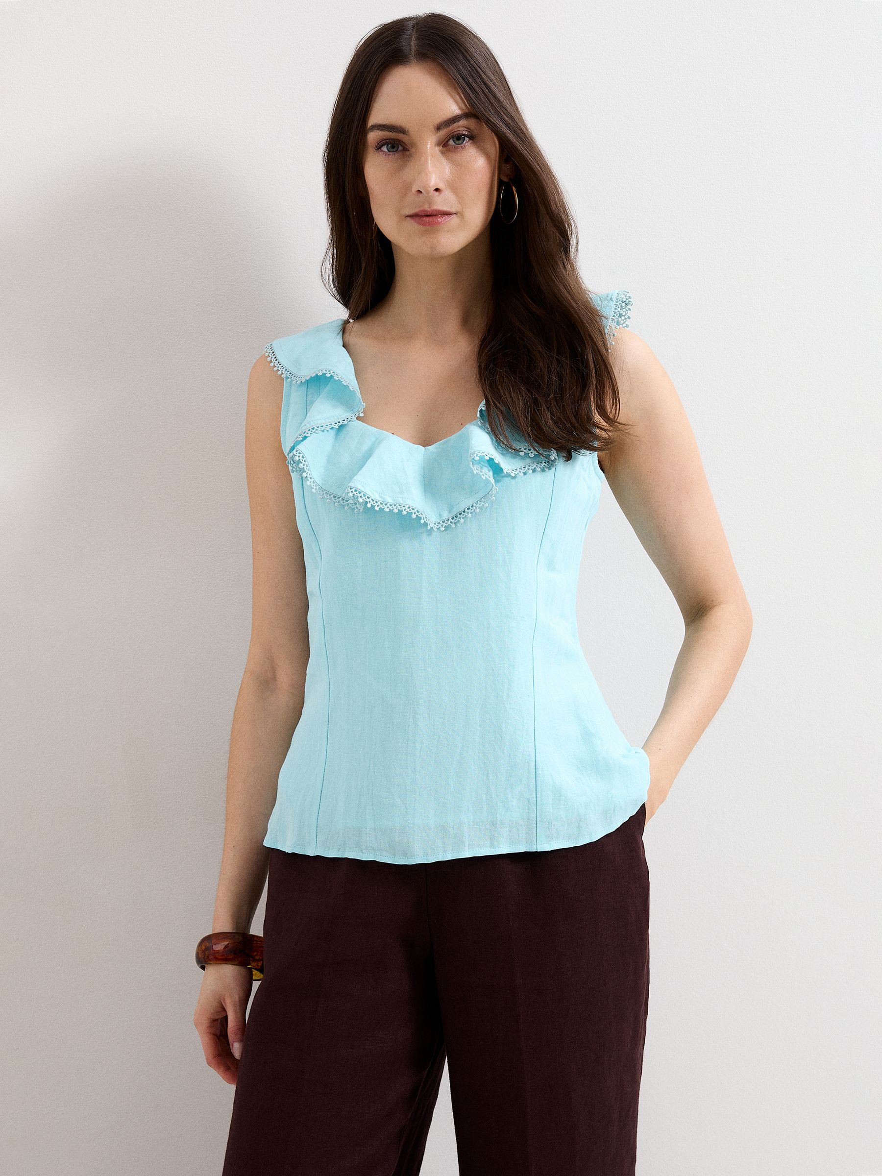 Phase Eight Women's Blue Rhona Linen Frill Blouse