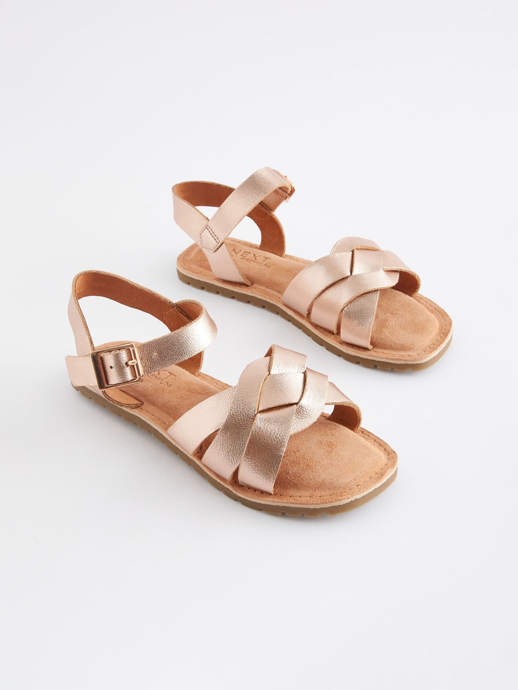 Rose Gold Standard Fit F Leather Woven Sandals