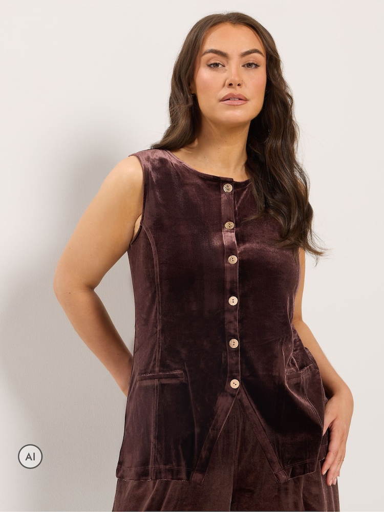 Yours Curve Brown Velvet Longline Waistcoat - Image 1 of 6 Yours Curve Brown Velvet Longline Waistcoat - Image 1 of 6
