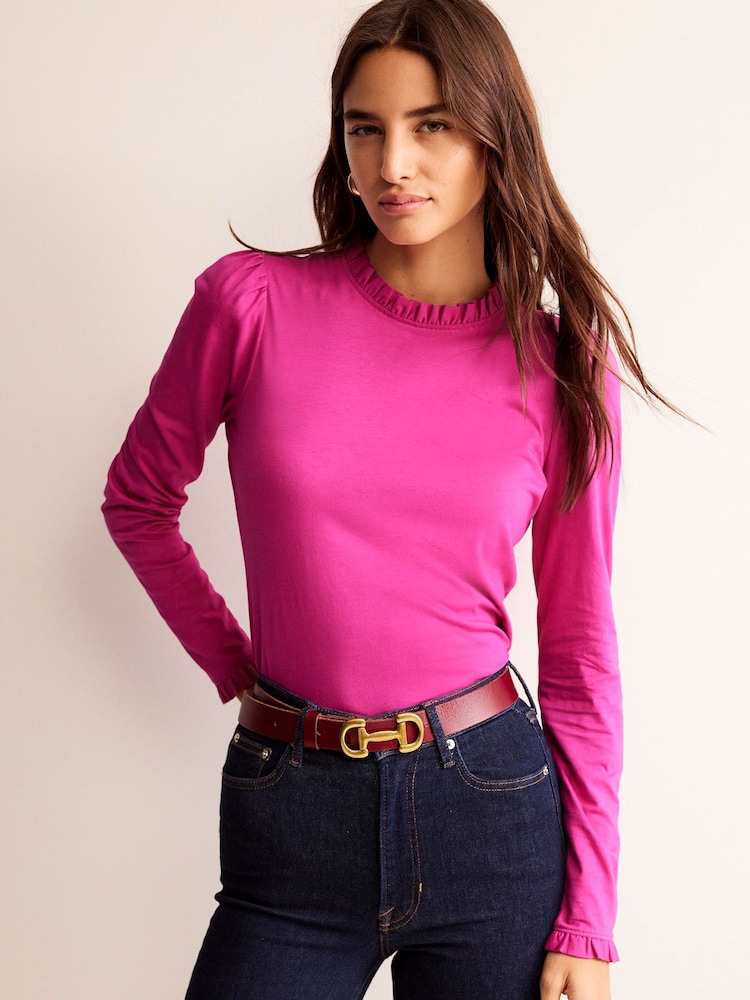 Boden Dark Pink Supersoft Frill Detail Top - Image 1 of 5