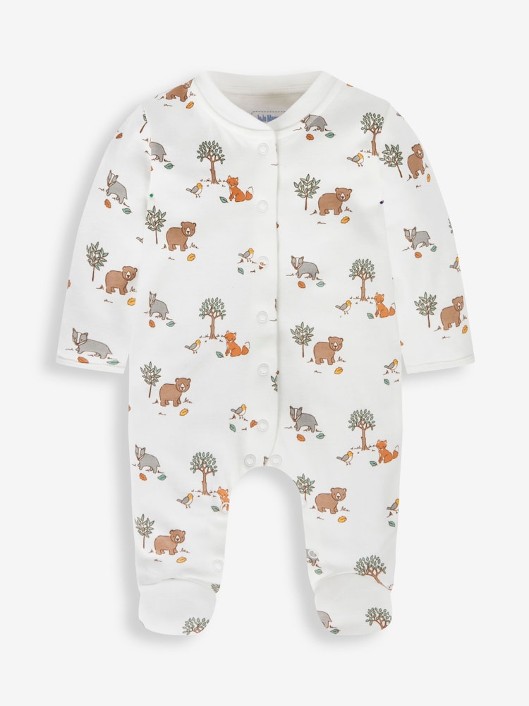 JoJo Maman Bébé Cream Woodland Print Cotton Baby Sleepsuit - Image 1 of 2