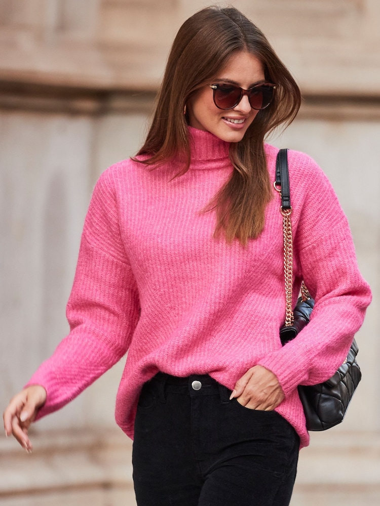 Sosandar Pink Chevron Roll Neck Ribbed Jumper - Image 5 of 5