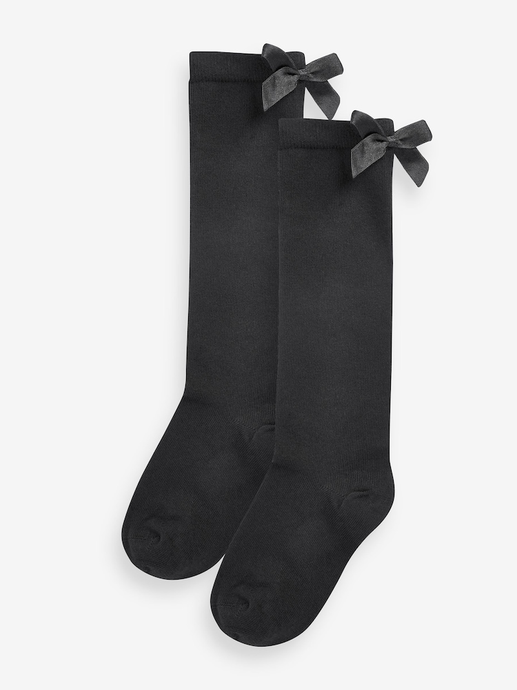 Black 2 Pack Cotton Rich Bow Knee High Socks - Image 2 of 4