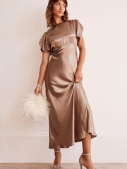 Kremowa satynowa sukienka midi o ukośnym kroju Mint Velvet - Obraz 2 z 2