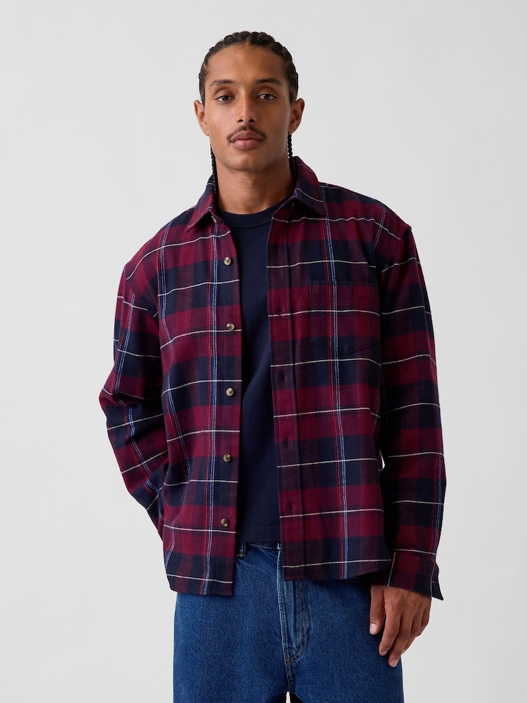 Gap Burgundy Red & Navy Check Relaxed Flannel Shirt - Image 1 of 4 Gap Burgundy Red & Navy Check Relaxed Flannel Shirt - Image 1 of 4