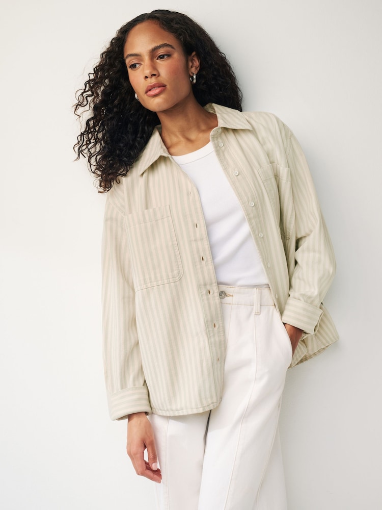 Sage Green and White Stripe Cotton Shacket - Image 1 of 5