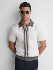 Reiss Ecru London Slim Fit Cotton Knitted Half-Zip Polo T-Shirt - Image 1 of 4
