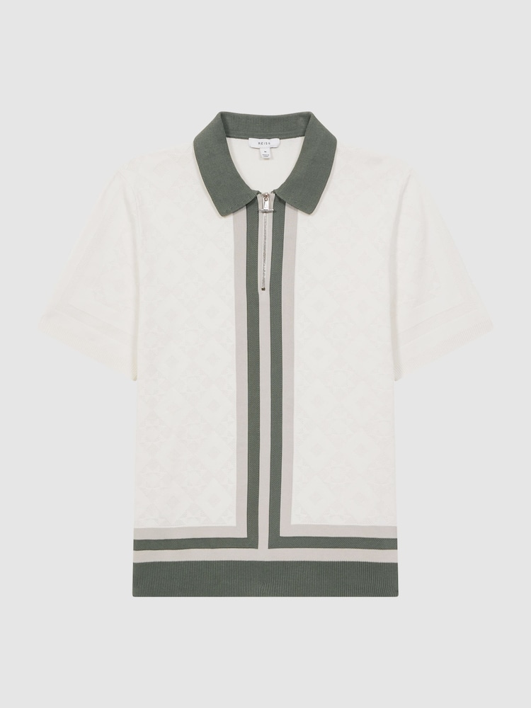 Reiss Ecru London Slim Fit Cotton Knitted Half-Zip Polo T-Shirt - Image 2 of 4