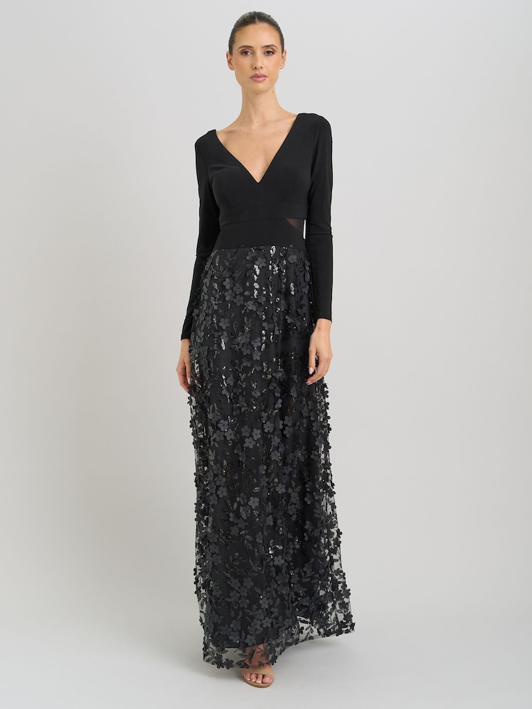 Gina Bacconi Black Shauna 3D Embroidery Maxi Dress - Image 1 of 6 Gina Bacconi Black Shauna 3D Embroidery Maxi Dress - Image 1 of 6