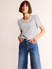 Boden White/Blue 100% Cotton Puff Sleeve T-Shirt - Image 1 of 5