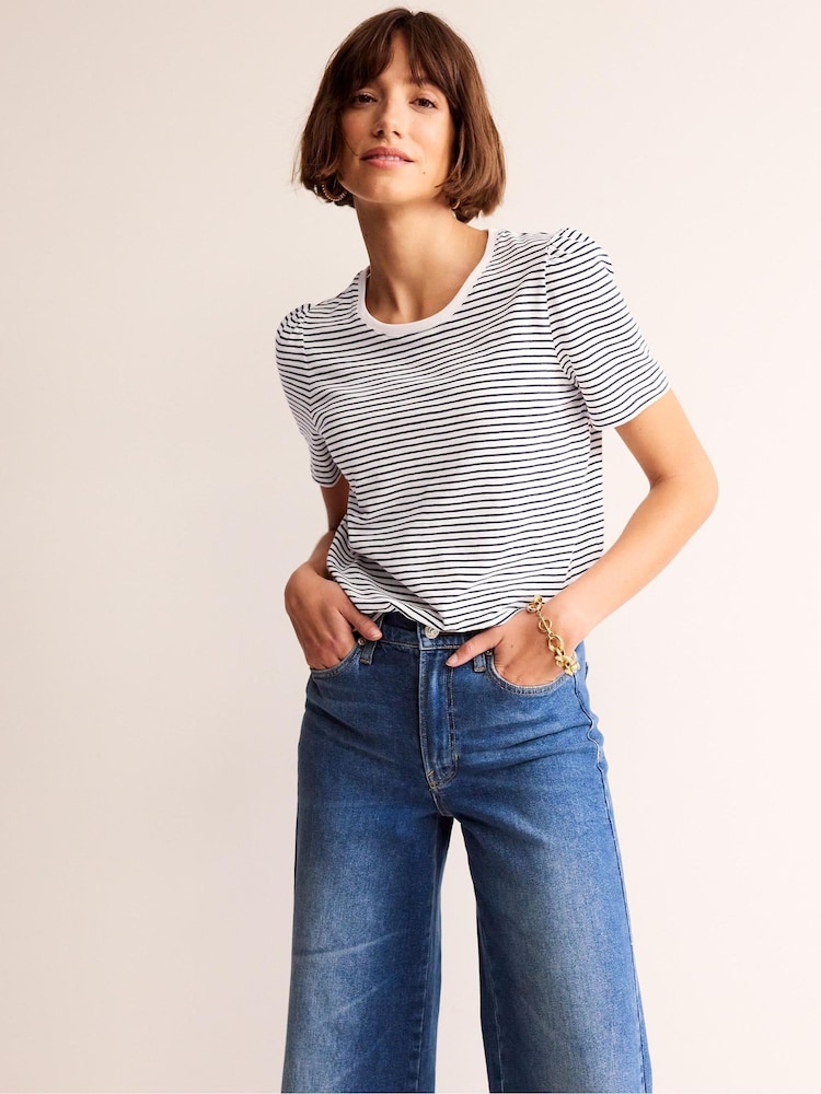 Boden White/Blue 100% Cotton Puff Sleeve T-Shirt - Image 1 of 5