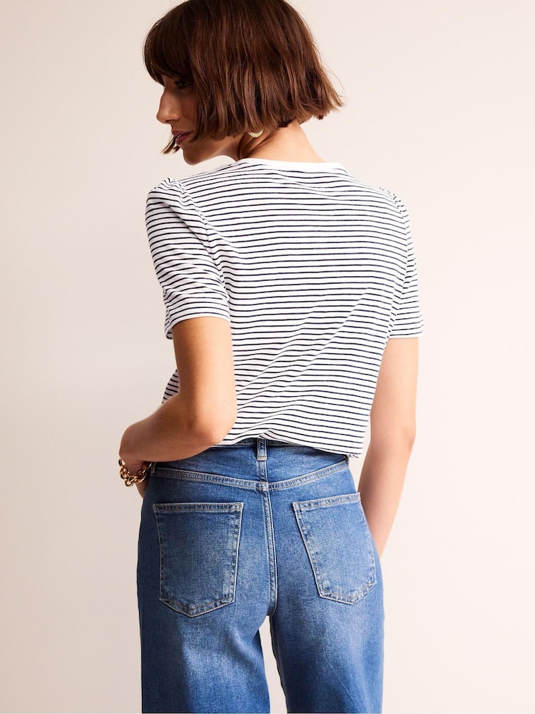 Boden White/Blue 100% Cotton Puff Sleeve T-Shirt - Image 2 of 5