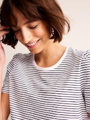 Boden White/Blue 100% Cotton Puff Sleeve T-Shirt - Image 4 of 5