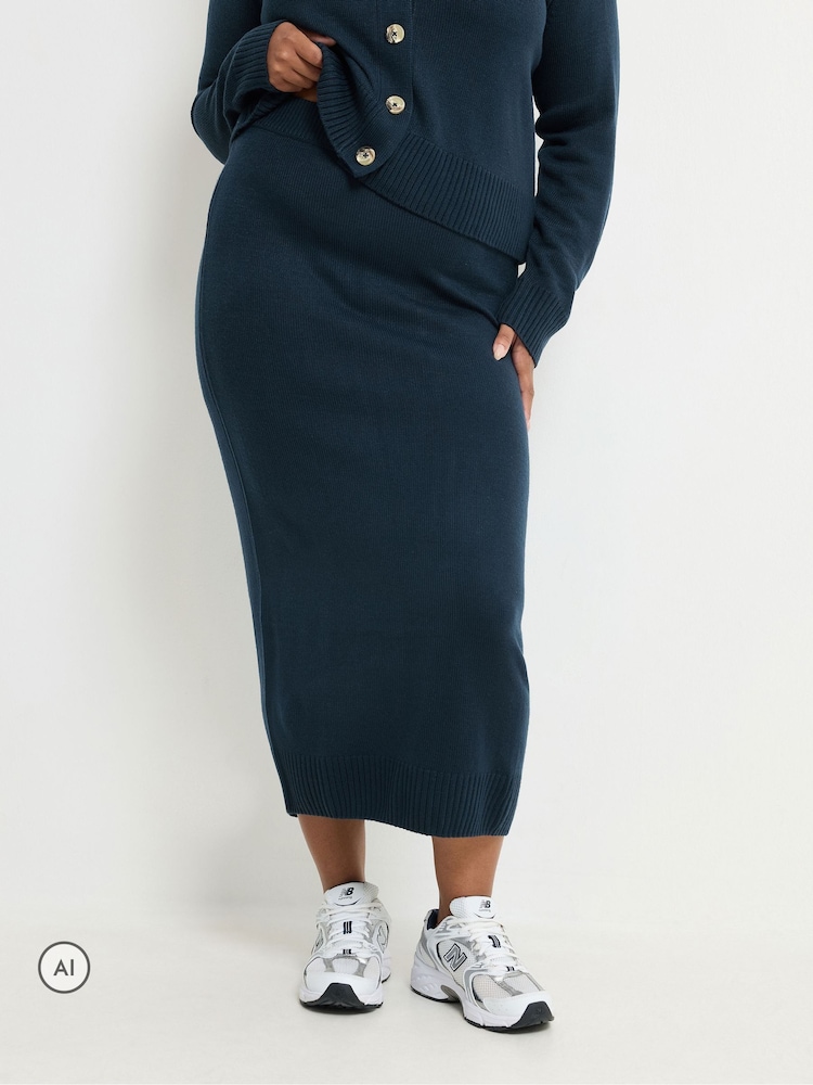 Yours Curve Blue Limited Knitted Maxi Skirt - Image 1 of 6 Yours Curve Blue Limited Knitted Maxi Skirt - Image 1 of 6