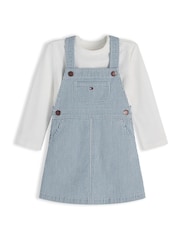 Tommy Hilfiger Blue Denim Stripe Dungaree Dress And T-Shirt Set - Image 1 of 3