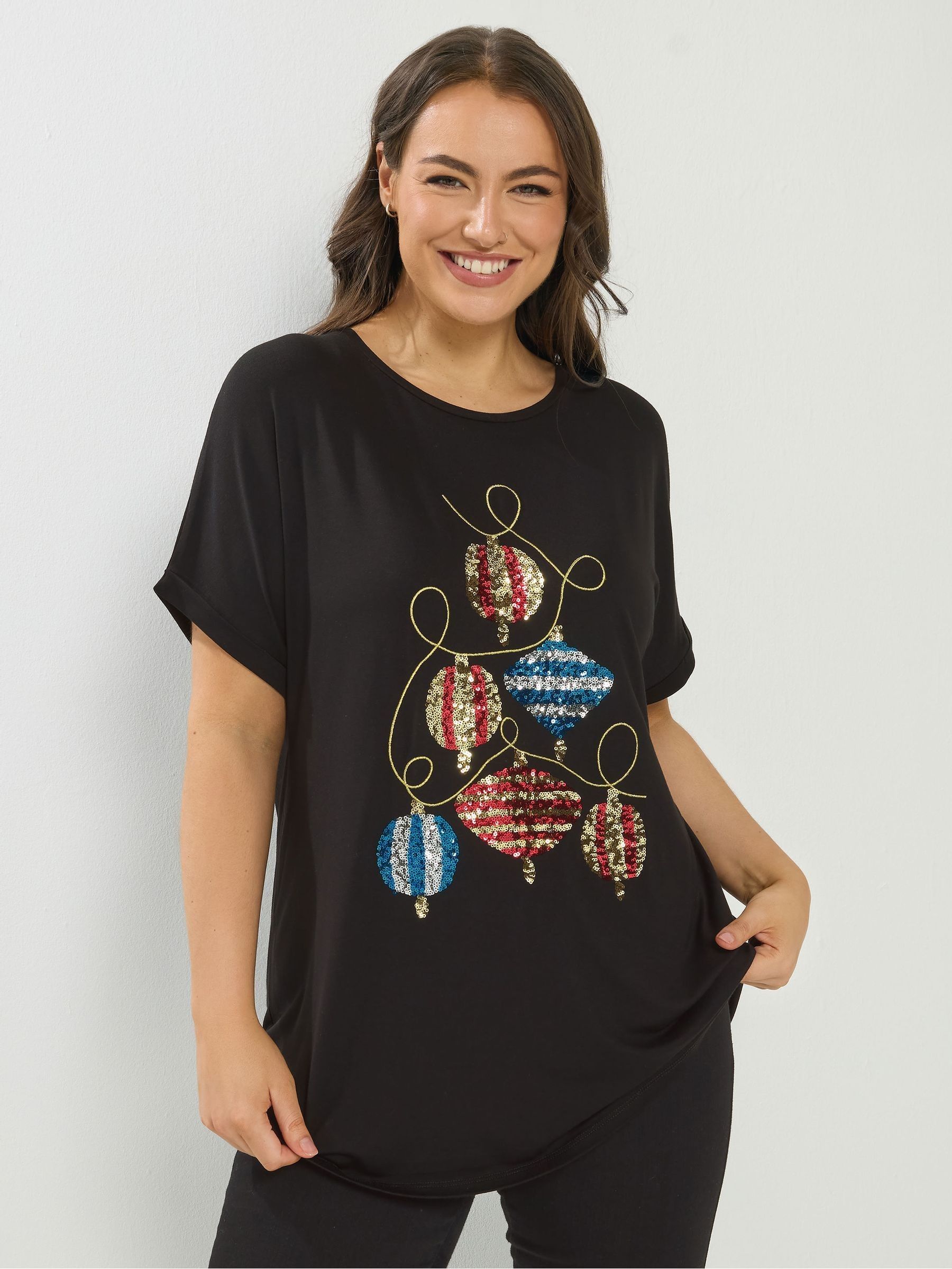 Yours Women's Black Sequin Bauble Novelty T-Shirt In Size 30-32 - Image 2