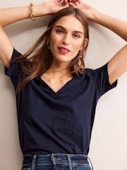 Boden Navy Blue Regular V-Neck Slub 100% Cotton T-Shirt - Image 1 of 5