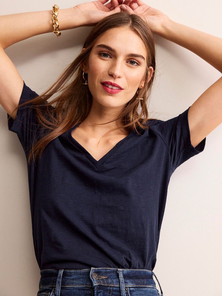Boden Navy Blue Regular V-Neck Slub 100% Cotton T-Shirt - Image 1 of 5
