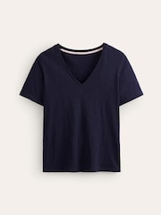Boden Navy Blue Regular V-Neck Slub 100% Cotton T-Shirt - Image 5 of 5