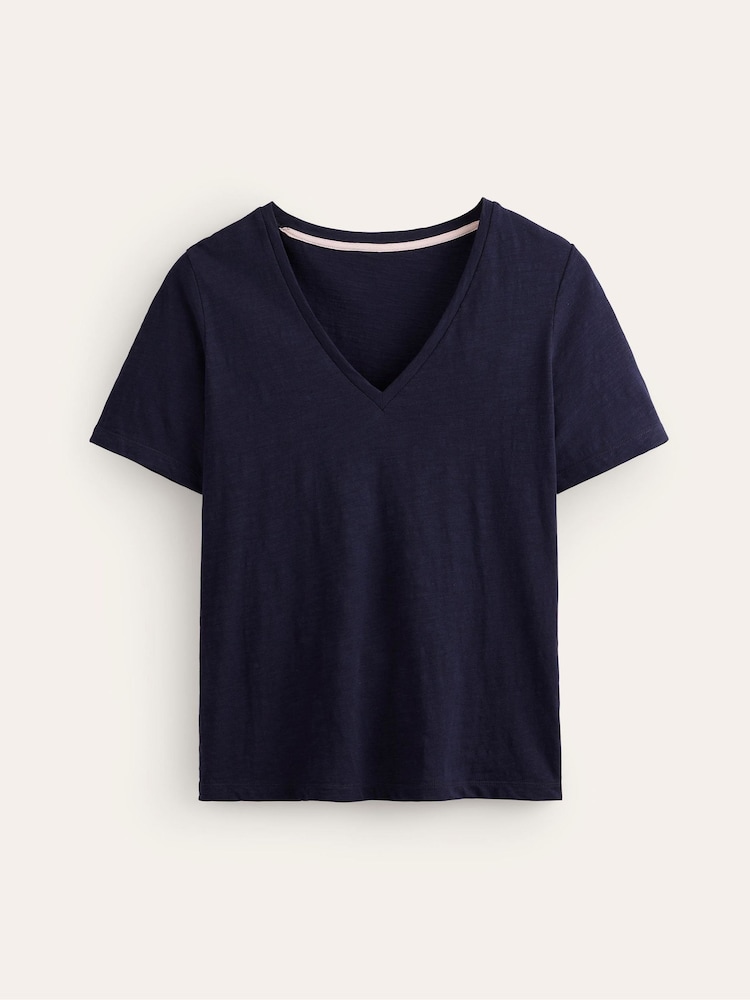 Boden Navy Blue Regular V-Neck Slub 100% Cotton T-Shirt - Image 5 of 5