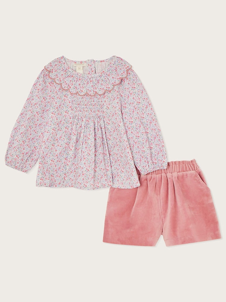 Monsoon Baby Pink Bird Blouse and Velour Shorts Set - Image 2 of 4