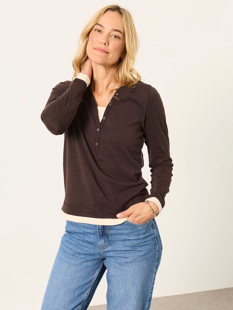 FatFace Mia Chocolate Brown Henley Top - Image 1 of 5 FatFace Mia Chocolate Brown Henley Top - Image 1 of 5