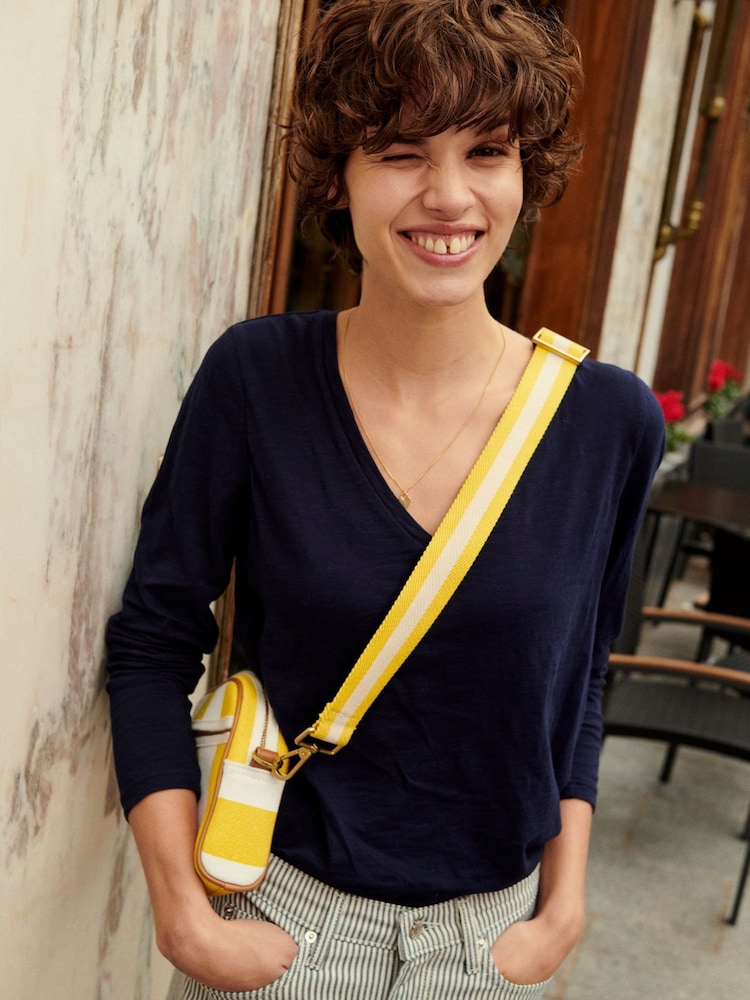 Boden Navy Blue 100% Cotton V-Neck Long Sleeve Top - Image 1 of 6