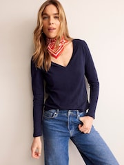 Boden Navy Blue 100% Cotton V-Neck Long Sleeve Top - Image 2 of 6