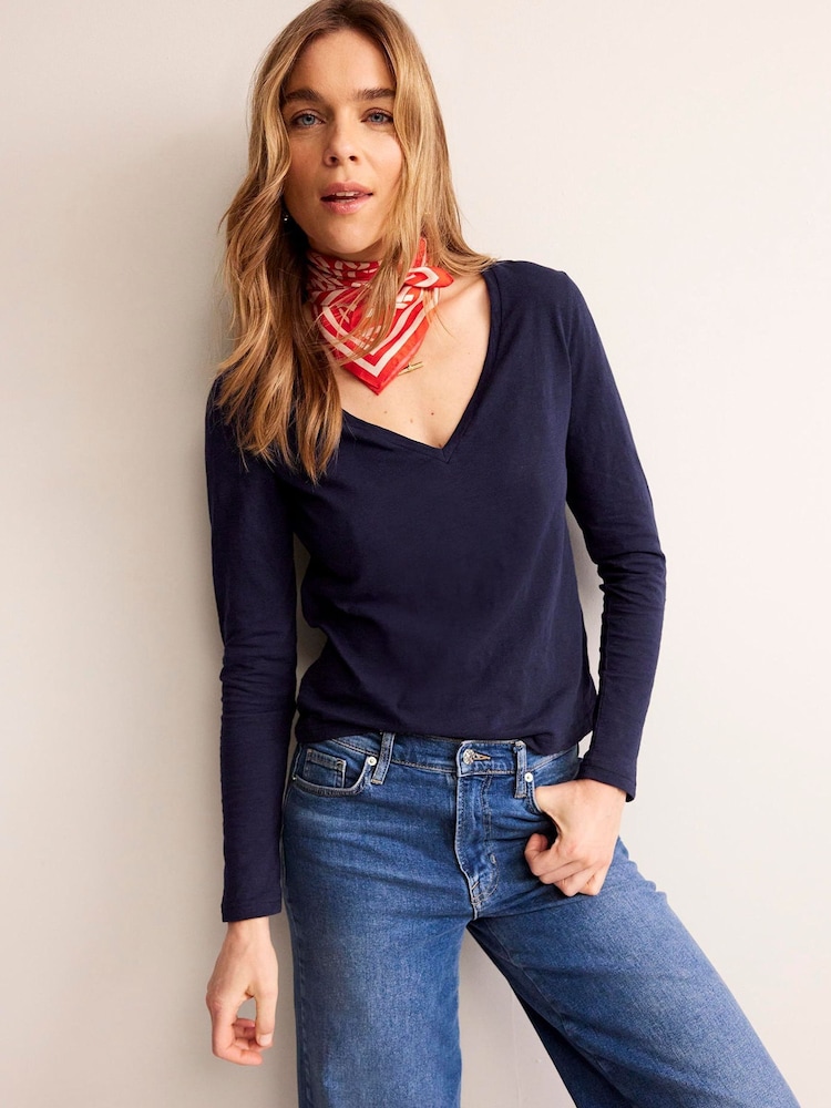 Boden Navy Blue 100% Cotton V-Neck Long Sleeve Top - Image 2 of 6