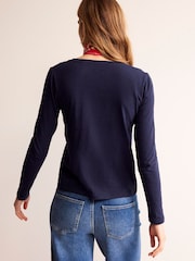 Boden Navy Blue 100% Cotton V-Neck Long Sleeve Top - Image 3 of 6