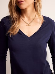 Boden Navy Blue 100% Cotton V-Neck Long Sleeve Top - Image 5 of 6