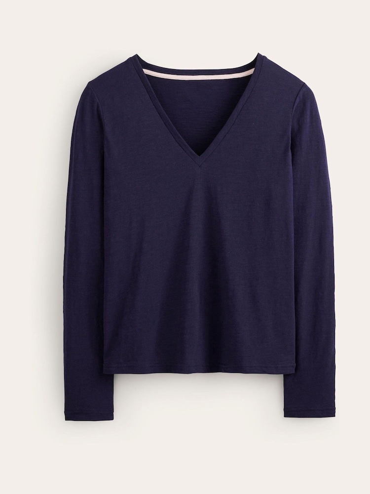 Boden Navy Blue 100% Cotton V-Neck Long Sleeve Top - Image 6 of 6