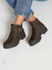 Yours Curve Brown Wide Fit Buckle Detail Low Wedge Boots - Image 1 of 5