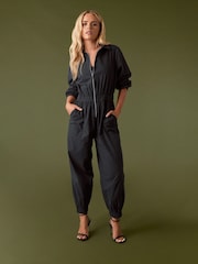 PixieGirl Petite Black Zip Front 100% Cotton Long Sleeve Jumpsuit - Image 1 of 6