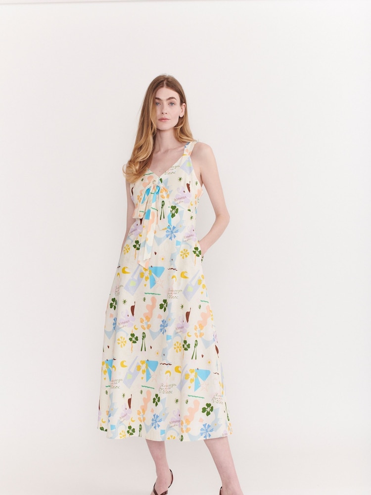 Olivia Rubin Cream Raquel Printed Midi Dress with Bust Tie - Image 1 of 5 Olivia Rubin Cream Raquel Printed Midi Dress with Bust Tie - Image 1 of 5