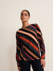 Multi Stripe Long Sleeve Crew Neck Cuff Blouse - Image 1 of 6