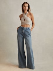 Reiss Neutral Abigail Linen Halter Neck Cropped Top - Image 1 of 5