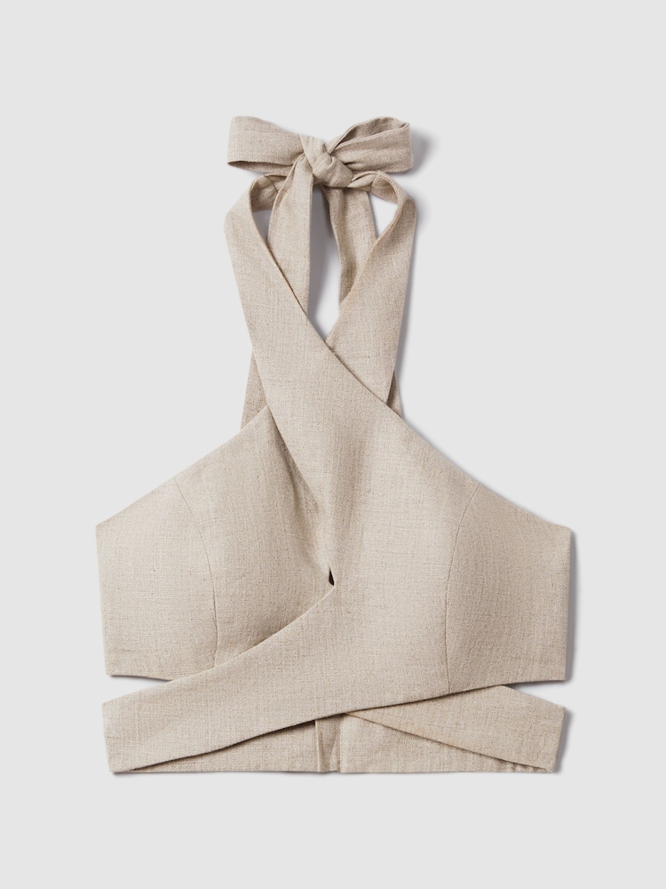 Reiss Neutral Abigail Linen Halter Neck Cropped Top - Image 2 of 5